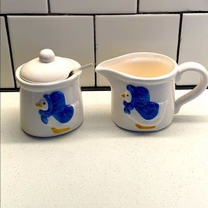 Vintage Blue Bonnet Geese Sugar and Creamer Set.